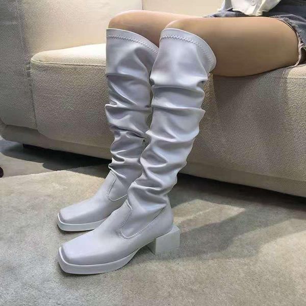 

women's black white knee high boots pull on high heels shoes square toe c9