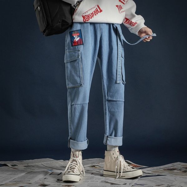 

летние джинсы мужские джинсы комбинезоны широкую ногу pantsfashion бренд универсальный брюки мужские корейский моды балахонах случайные паде, Blue