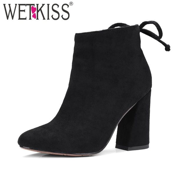 

boots wetkiss high heels autumn ankle women pointed toe cross tied zipper fashion flock shoes ladies short plush footwear, Black