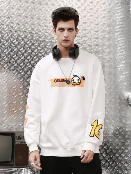 

men letter & brush print drop shoulder pullover k9l7#, Black