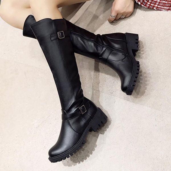 

boots fashion knee-high long pure color round toe zipper keep warm snow chunky heels buckle strap vintage women1, Black
