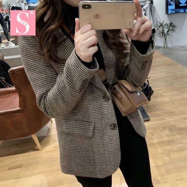 

stvy 2020 women spring autumn suit jacket office ladies vintage brown plaid blazer pockets work wear 1, White;black