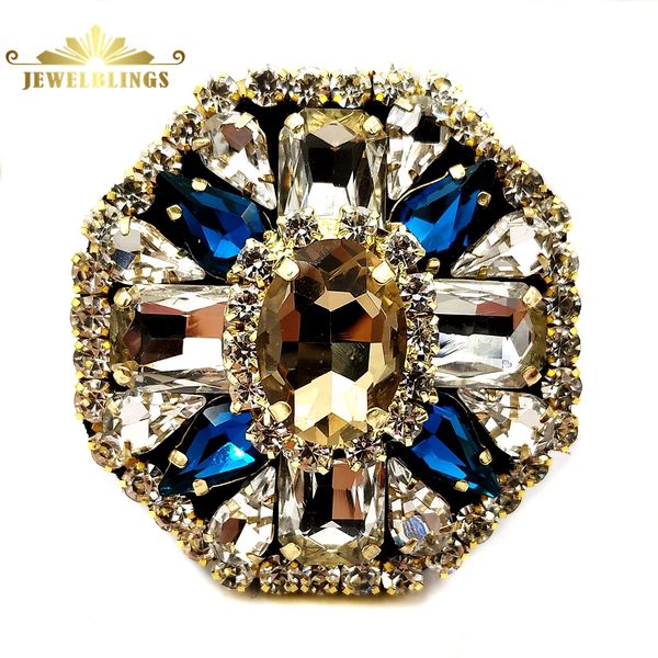 

edwardian vintage style champagne oval stone domed clear and blue square brooches gold tone fabric back blue square flower pins 201009, Gray