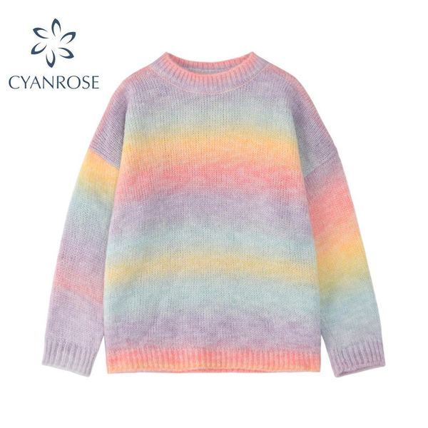 

autumn long sleeve knit sweater women korean harajuku loose jumper pullover rainbow striped bottom knitwear long sleeve, White;black