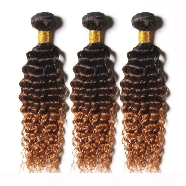 

brazilian ombre deep curly hair bundles 3 tone 1b 4 30 brown ombre brazilian curly virgin human hair weaves, Black