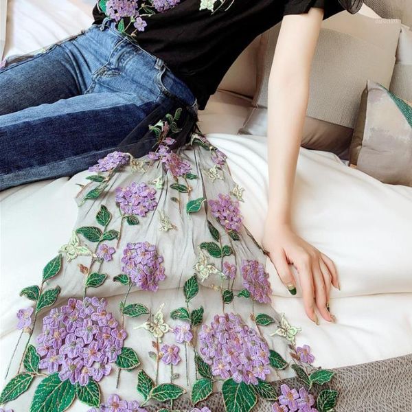 

flower embroidery mesh patchwork mesh full pant women high waist hit color side striped jean female fashion 2020 new1, Blue