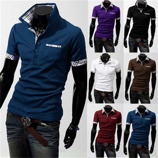 

new trend trim plaid decoration fashion slim short sleeve lapel t-shirt 359, White;black