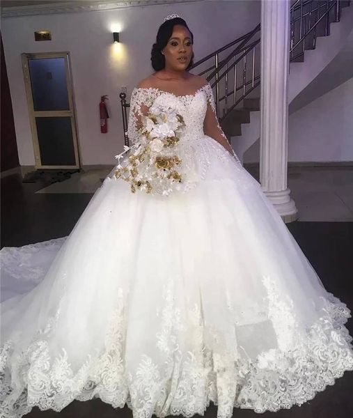 

princess ball gown lace african wedding dresses off the shoulder long sleeves sequined beaded bridal gowns vestido de novia, White