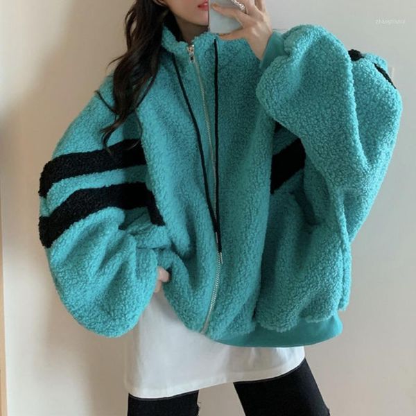 

ewq] 2021 winter woman new stand collar long-sleeved cashmere loose splicing minimalist cardigan lambfur coat 8d4791, Black;brown