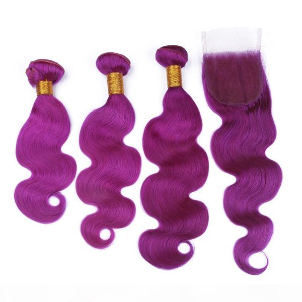 

brazilian body wave pure purple human hair weave 3bundles with closure purple color lace front closure 4x4 with virgin hair wefts, Black