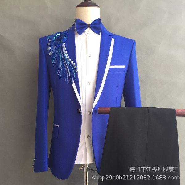 

2020 men joint collar parquet suit set groom marriage formal dress stage host master of ceremonies performance suit two pieces, White;black