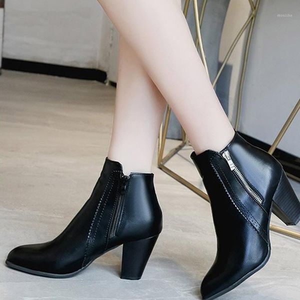 

boots women spring pu ankle pointed toe brogue pumps elegant ladies zip high heels female fashion short vintage shoes 20211, Black