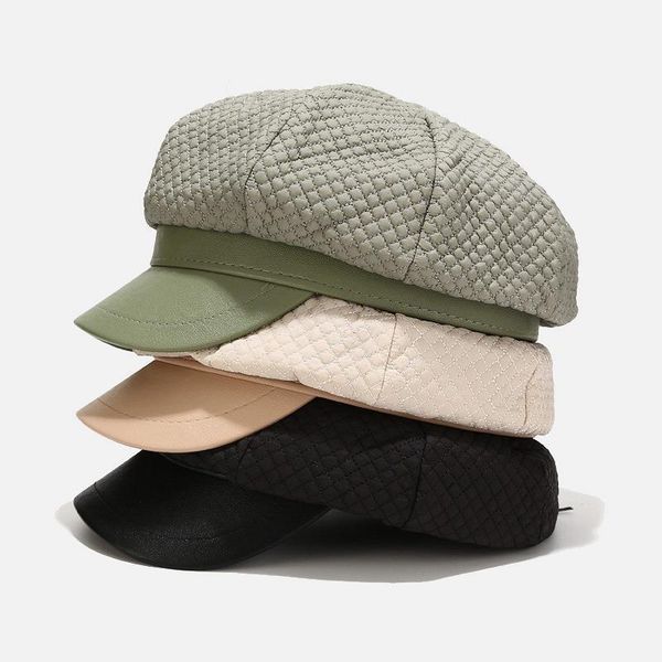 

women cotton blend berets winter autumn octagonal beret caps patchwork pu stylish artist painter newsboy hats black green beret, Blue;gray