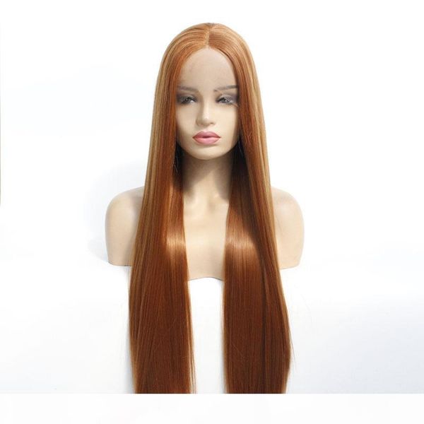 

natural looking fashion medium brown 30# long silky straight synthetic wig natural soft lace front wigs heat resistant for women, Black