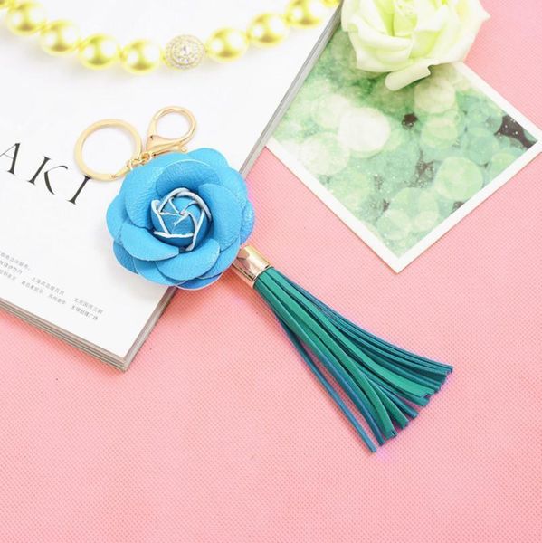 

camellia flower women leather tassel key chain golden fashion key ring women bag pendant car keychain eh814 h bbybua