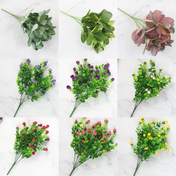 

7 fork artificial plants eucalyptus grass plastic ferns green leaves fake flower plant wedding home decoration table decals1