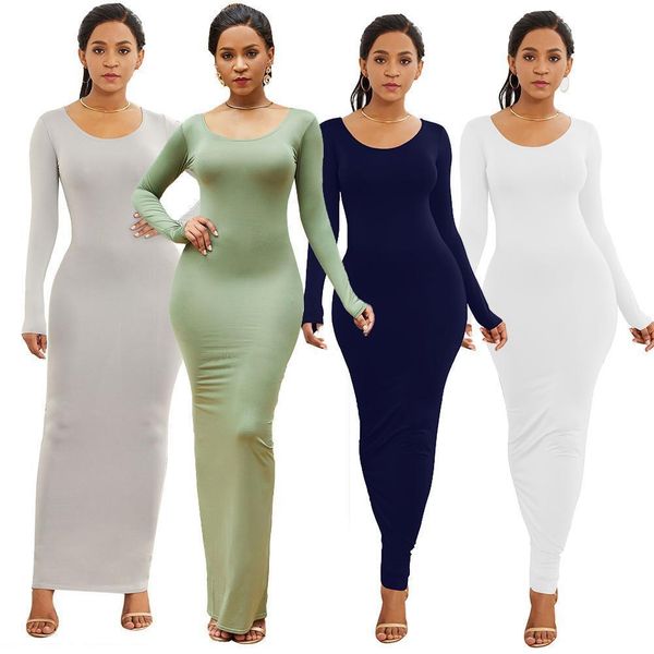 

spring autumn women solid color long sleeve round neck bodycon maxi dress evening party dress comfortable, Black;gray