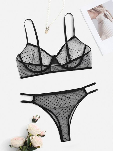 

plus dobby mesh cut-out underwire lingerie set e4eq#, Black;white