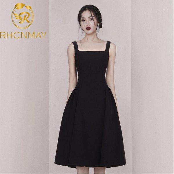 

2020 new arrivals summer office lady sling square neck retro temperament backless women party club a line midi black dress1, Black;gray