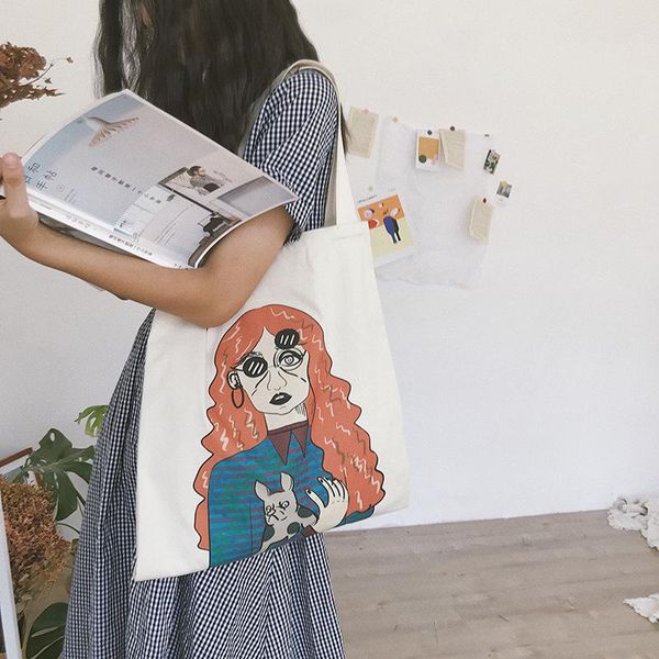 

fashion character printing women classic basic canvas bags handbags 2020 new spring female casual simple shoulder bags