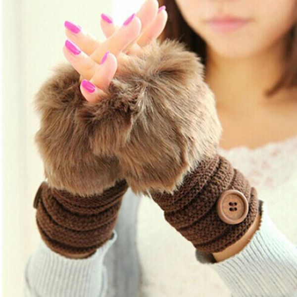 

1 pair wool blend faux fur women fingerless gloves knitted crochet winter gloves warm mittens female handschoenen 2020, Blue;gray