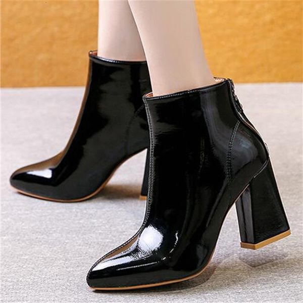 

new women 2021 fancy winter leather short skin femal boots pointed toe high blue heels ladies office shoes bombs tlgf, Black