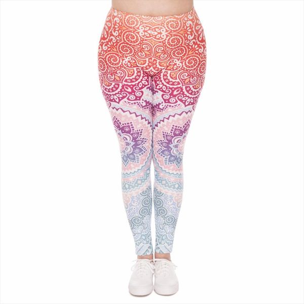 

plus size women leggings aztec round ombre printing stretch high waist large size trousers pants for plump women, Black