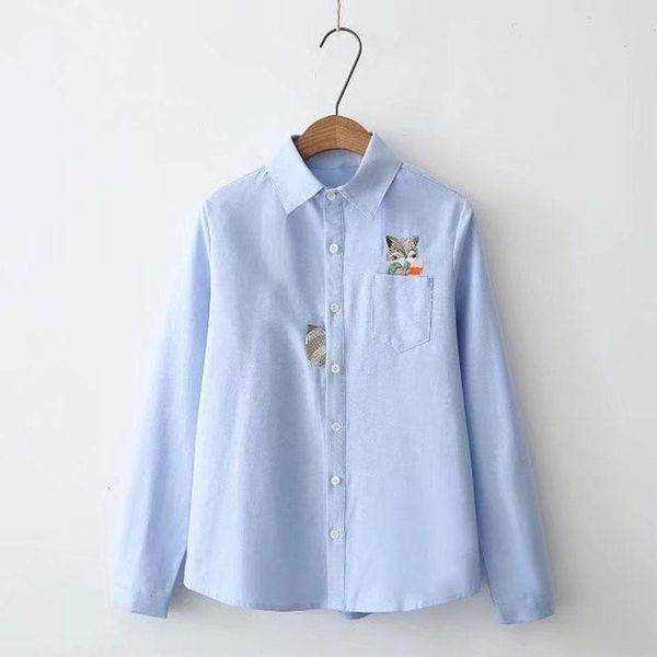 

literary funny pattern lapel pure cotton long sleeve blouse women spring summer tc21, White