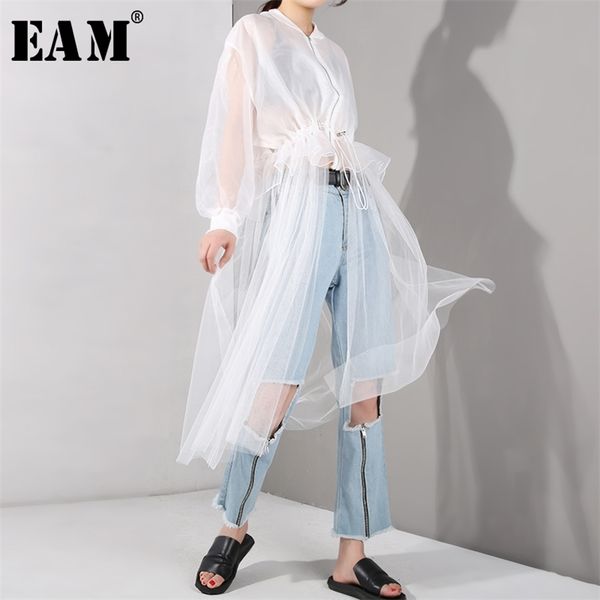 

[eam] 2020 new spring autumn stand collar long sleeve white mesh drawstring big size windbreaker women trench fashion lj201128, Tan;black