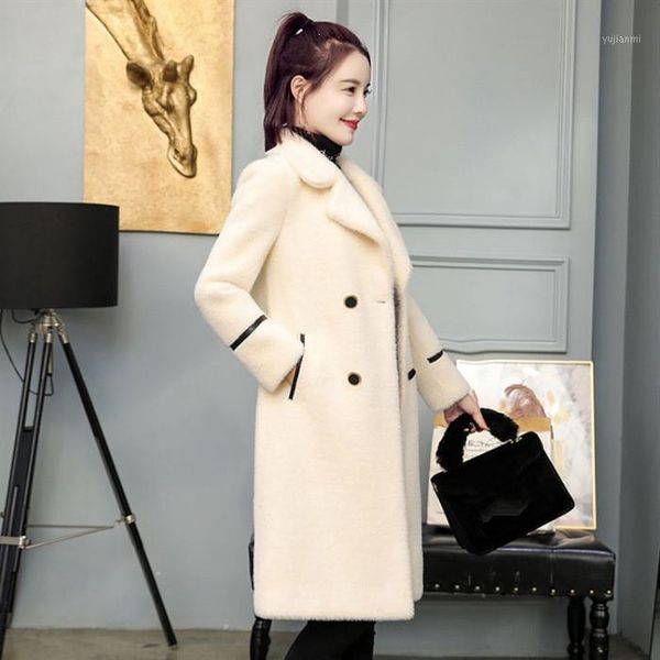 

women faux mink woolen coat warm turn-down collar long outerwear solid female casual jacket overcoat1, Black