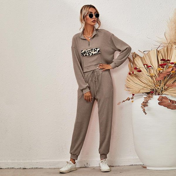 

women's tracksuits casual 2 pieces sweater set women knitted with zipper loose trousers chic pullover carrot pants, Gray