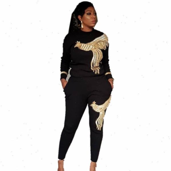 

2021 winter spring long sleeve tracksuit sportswear office phoenix sequined sweatshirt pant 2pcs womens set outfits suit am306, Gray