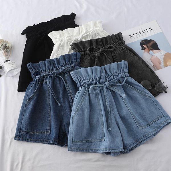 

2020 summer high waist denim shorts women casual loose ladies vintage lace-up elastic waist pocket blue white black jeans female