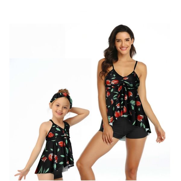 

summer mother and daughter swimsuit printing piece double lotus leaf parent-child swimwear family matching swimsuit outfits y200713, Blue