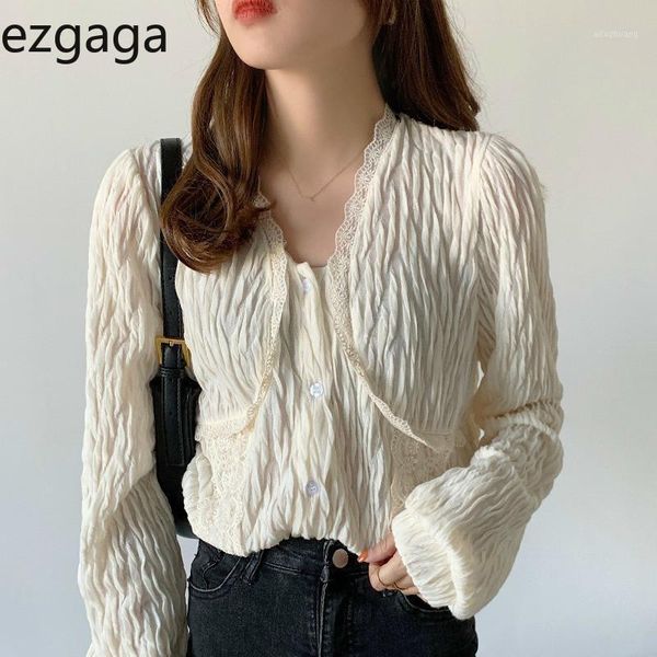 

ezgaga french style sweet women shirts v-neck long sleeve ruched lace office lady vintage solid loose elegant shirts female 1, White
