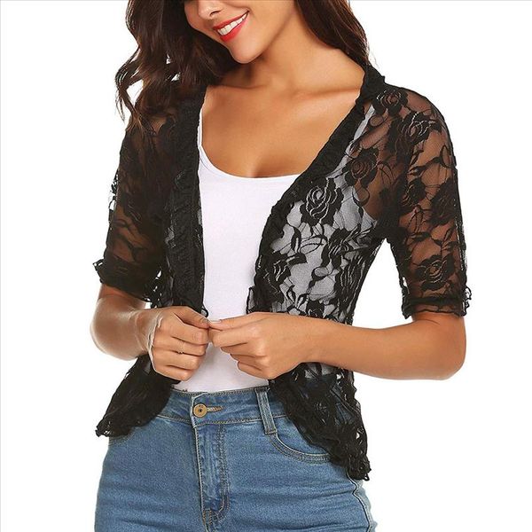 

clothes sweater women solid short sleeve floral lace open front lace periphery cardigan sweaters women invierno, White;black