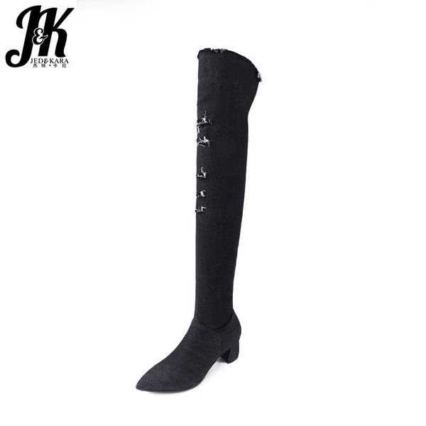 

boots jk denim over the knee women winter stretch high heels warm shoes holed pointed toe footwear big size 43, Black