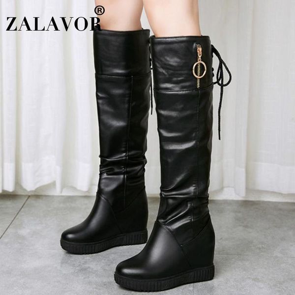 

boots zalavor women platform wedges knee high round toe thick sole fashion simple long shoes footwear size 33-43, Black