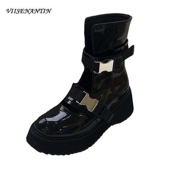 

metal buckle thick-soled motorcycle boots women 2020 new retro hollow platform shoes thin breathable round toe boots, Black
