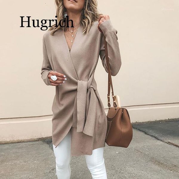 

2020 spring women fashion elegant asymmetrical v neck irregular hem winter jacket solid wrapped self-belted long sleeve coat1, Black;brown