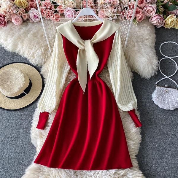 

sweater dress women spring fall new korean knitted mini dresses patchwork sweet all-match slim waist vestidos elegante robe, Black;gray