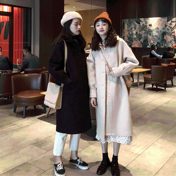 

wool coat women long sleeve collar outwear long jacket korean casual winter elegant overcoat women woolen coat, Black