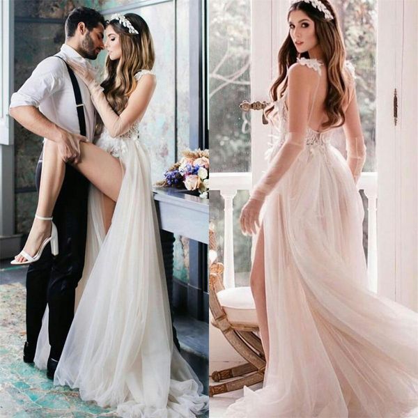 

2021 линия свадебные платья бедренной кости высокие щелевая тюль с длинным рукавом свадебные платья backless пляж свадебные платья, White