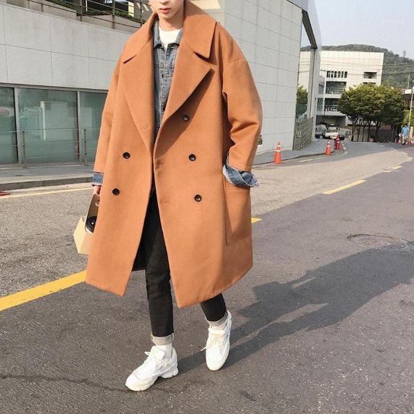 

nice winter men trench wool blend casual loose cashmere long coats woolen windbreaker outwear cotton-padded clothes m-2xl1, Black