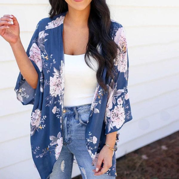 

fashion women bohemian summer flare sleeve floral print loose sweet shawl boho cardigan pullover vestidos de mujer ropa muje1, White