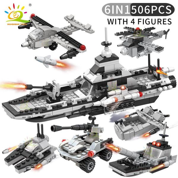 

huiqibao 506pcs 6in1 army marine warship building blocks military set plane tank aircraft bricks city construction children toys qyluhu