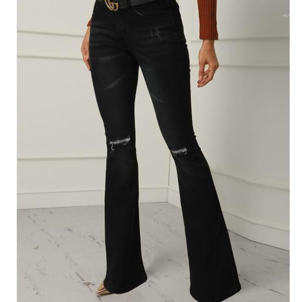 

black classic long high waist bell bottom flare jeans for women boot cut wide leg pants ladies knee hole slim fit stretch jeans1, Blue