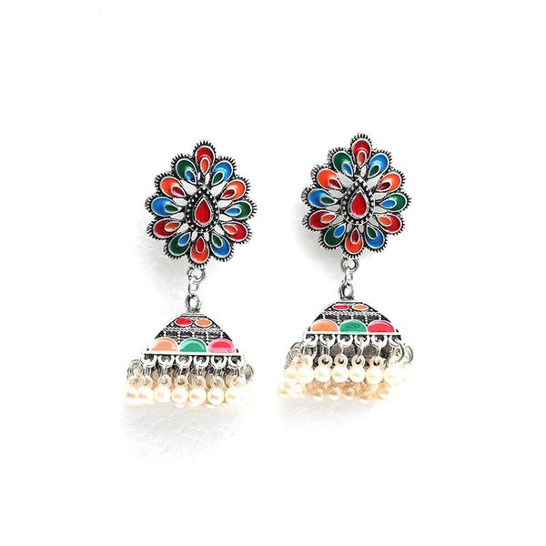

2021 ins handmade beads jhumki jhumka thailand enamel flower piercing earrings vintage bohemia party jewelry bijoux, Silver