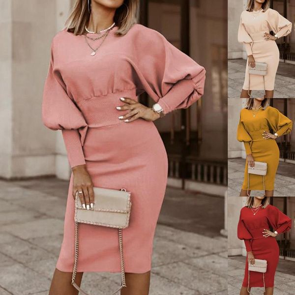 

casual dresses autumn women solid color pleated package hip dress lady puff long sleeves bodycon midi elegant o neck party, Black;gray