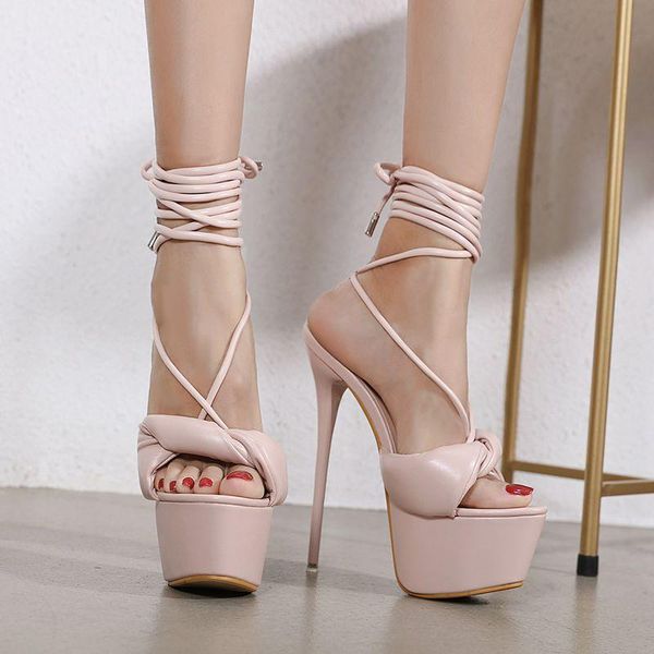

new women lace-up sandals 17 cm super high heel ankle strappy sandals female party shoes stiletto woman summer bandage shoes, Black